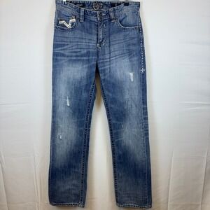 Mens Affliction Grant Jeans Blue Denim Rhinestone Embellished Distressed